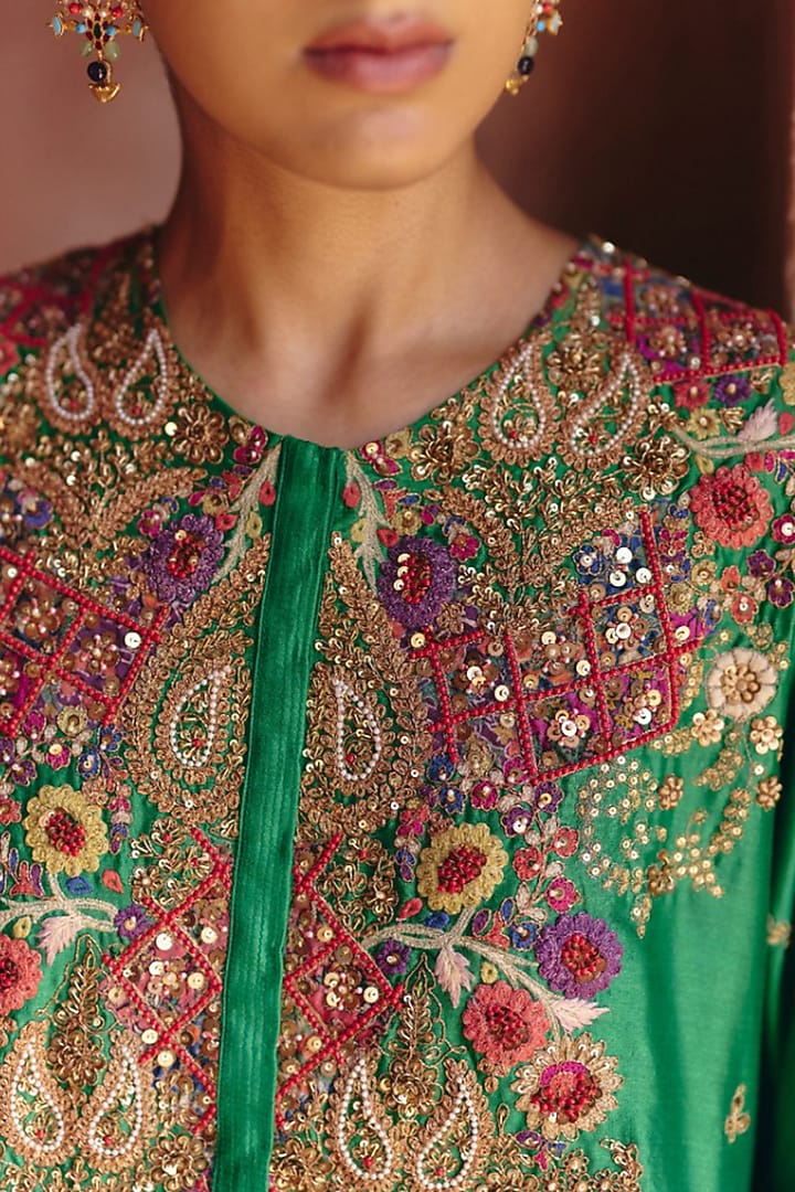 Green Chanderi Embroidered Bridal Sharara Set by Petticoat Lane at Pernia's Pop Up Shop