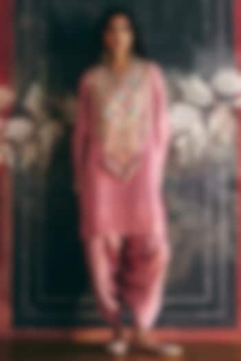 Peach Dupion Silk Patch Work Kurta Set by Petticoat Lane at Pernia's Pop Up Shop