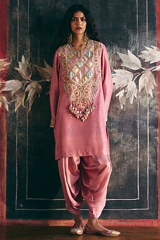 Peach Dupion Silk Patch Work Kurta Set by Petticoat Lane