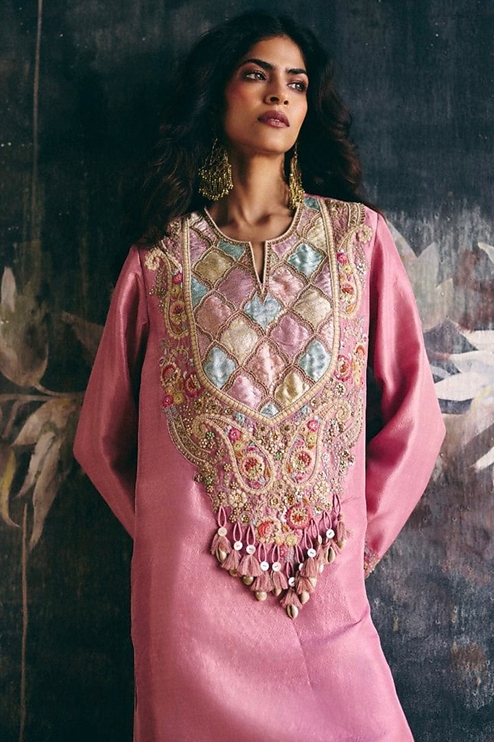 Peach Dupion Silk Patch Work Kurta Set by Petticoat Lane at Pernia's Pop Up Shop