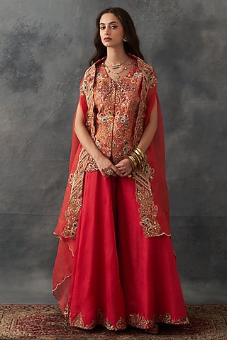 Rust Organza Embroidered Jacket Set by Petticoat Lane