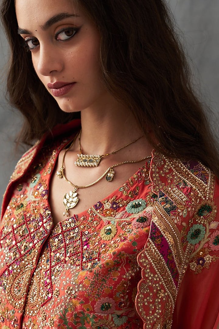 Rust Organza Embroidered Jacket Set by Petticoat Lane at Pernia's Pop Up Shop