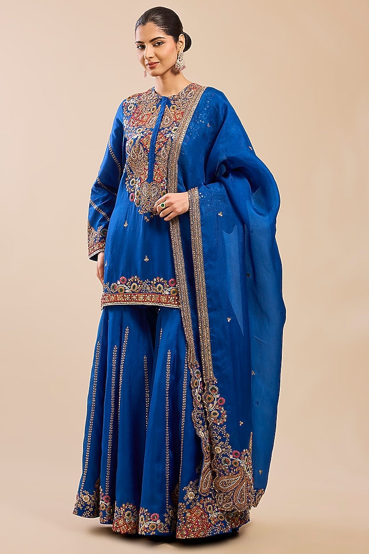 Blue Chanderi Bridal Sharara Set by Petticoat Lane at Pernia's Pop Up Shop