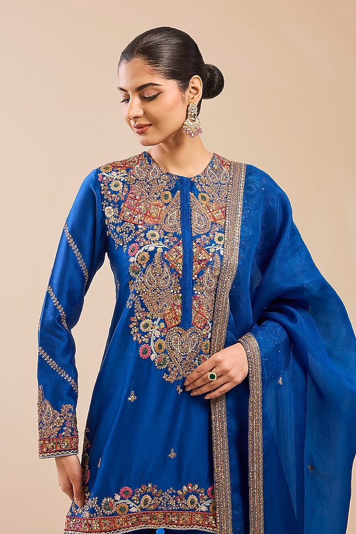Blue Chanderi Bridal Sharara Set by Petticoat Lane at Pernia's Pop Up Shop