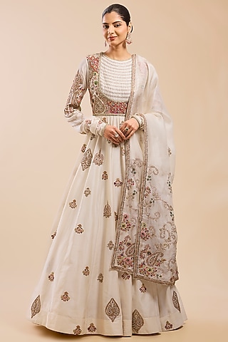 Ivory Chanderi Silk Boota Work Kalidar Anarkali With Dupatta by Petticoat Lane
