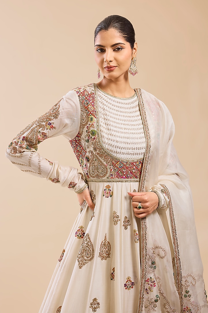 Ivory Chanderi Silk Boota Work Kalidar Bridal Anarkali With Dupatta by Petticoat Lane at Pernia's Pop Up Shop