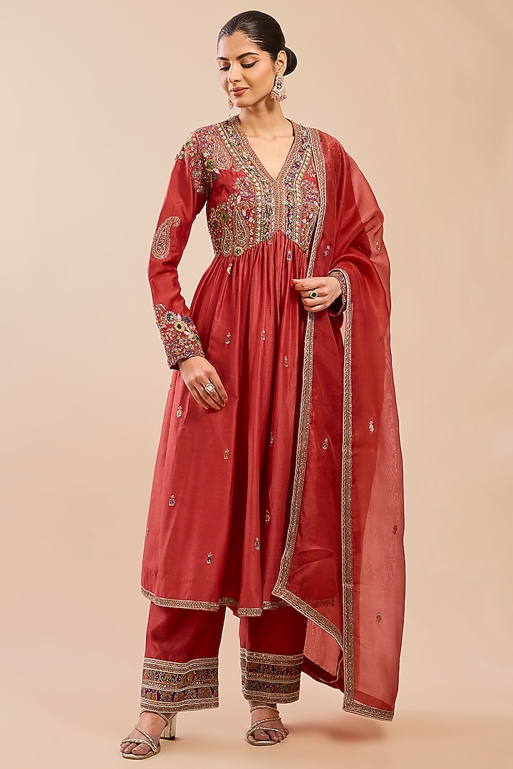 Rust Chanderi Embroidered Kalidar Gathered Kurta Set by Petticoat Lane at Pernia's Pop Up Shop