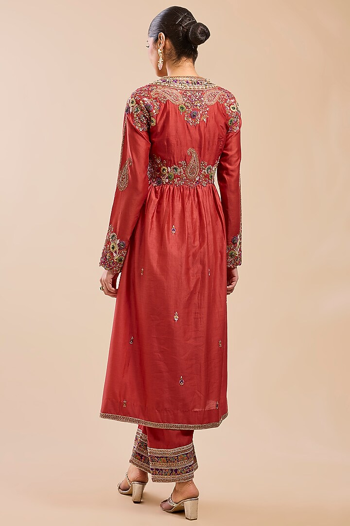 Rust Chanderi Embroidered Kalidar Gathered Kurta Set by Petticoat Lane at Pernia's Pop Up Shop