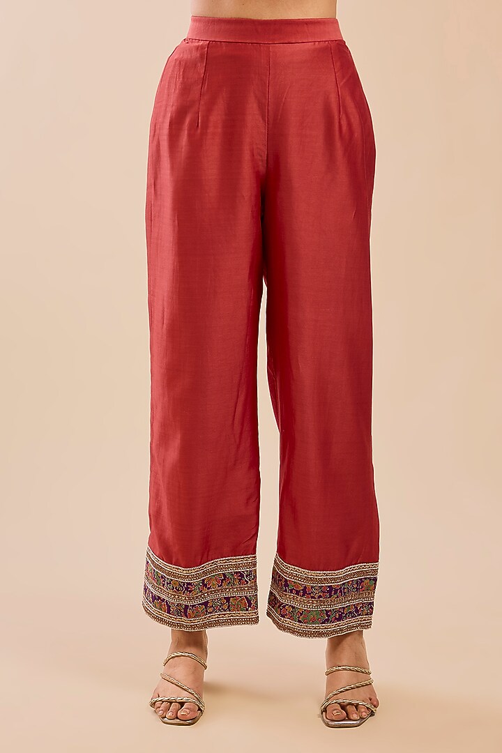 Rust Chanderi Embroidered Kalidar Gathered Kurta Set by Petticoat Lane at Pernia's Pop Up Shop