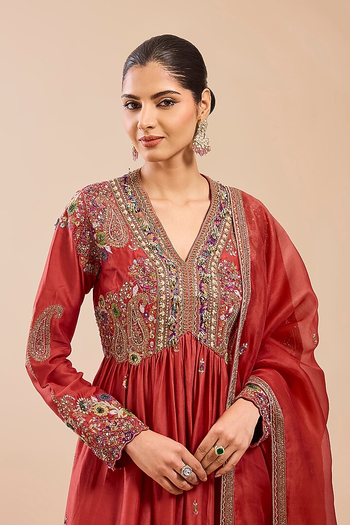 Rust Chanderi Embroidered Kalidar Gathered Kurta Set by Petticoat Lane at Pernia's Pop Up Shop