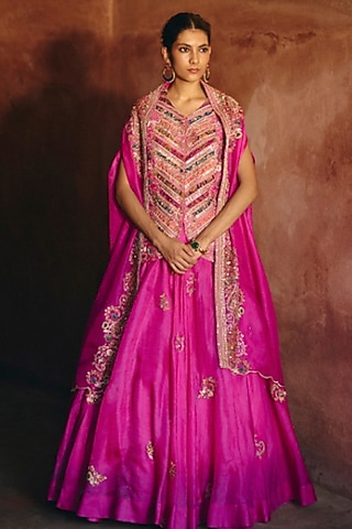 Fuchsia Pink Organza Embroidered Jacket Set by Petticoat Lane