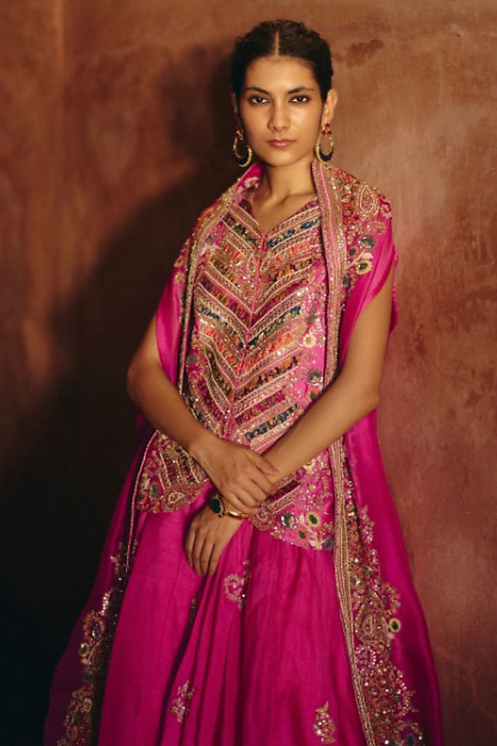 Fuchsia Pink Organza Embroidered Jacket Set by Petticoat Lane at Pernia's Pop Up Shop