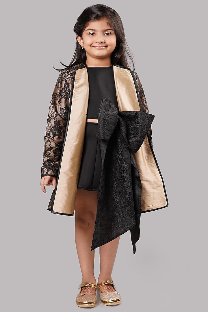Black & Beige Silk Jacket For Girls by Pink Cow