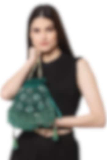 Deep Sea Green Velvet Crystal Embroidered Potli by Bijoux By Priya Chandna at Pernia's Pop Up Shop