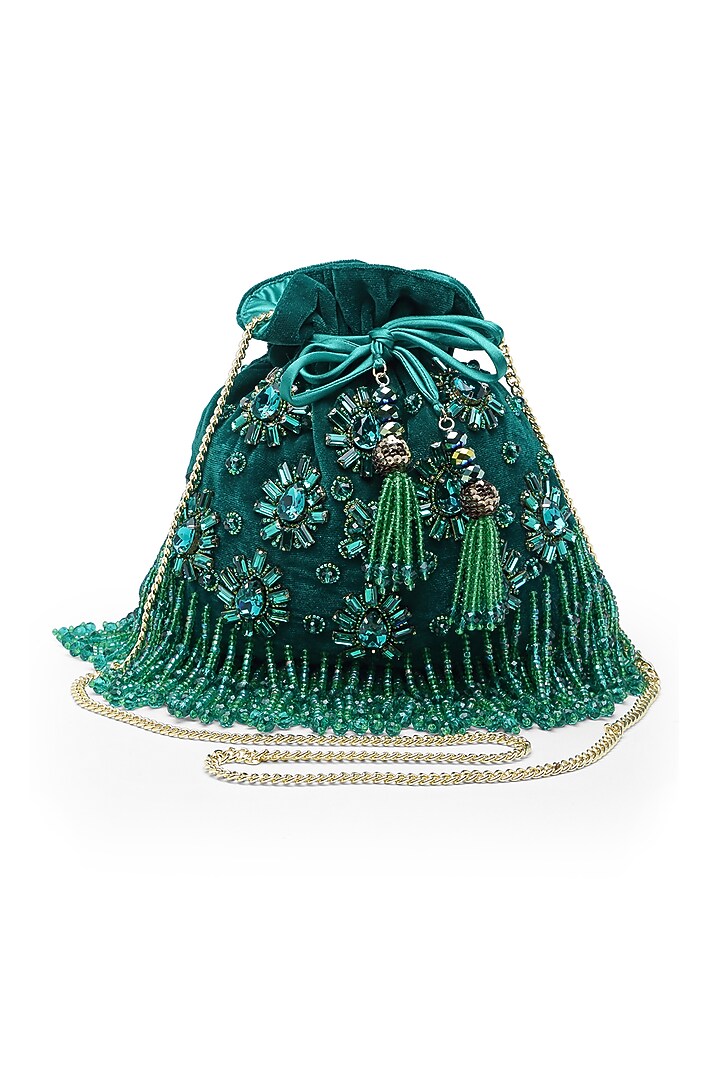 Deep Sea Green Velvet Crystal Embroidered Potli by Bijoux By Priya Chandna at Pernia's Pop Up Shop