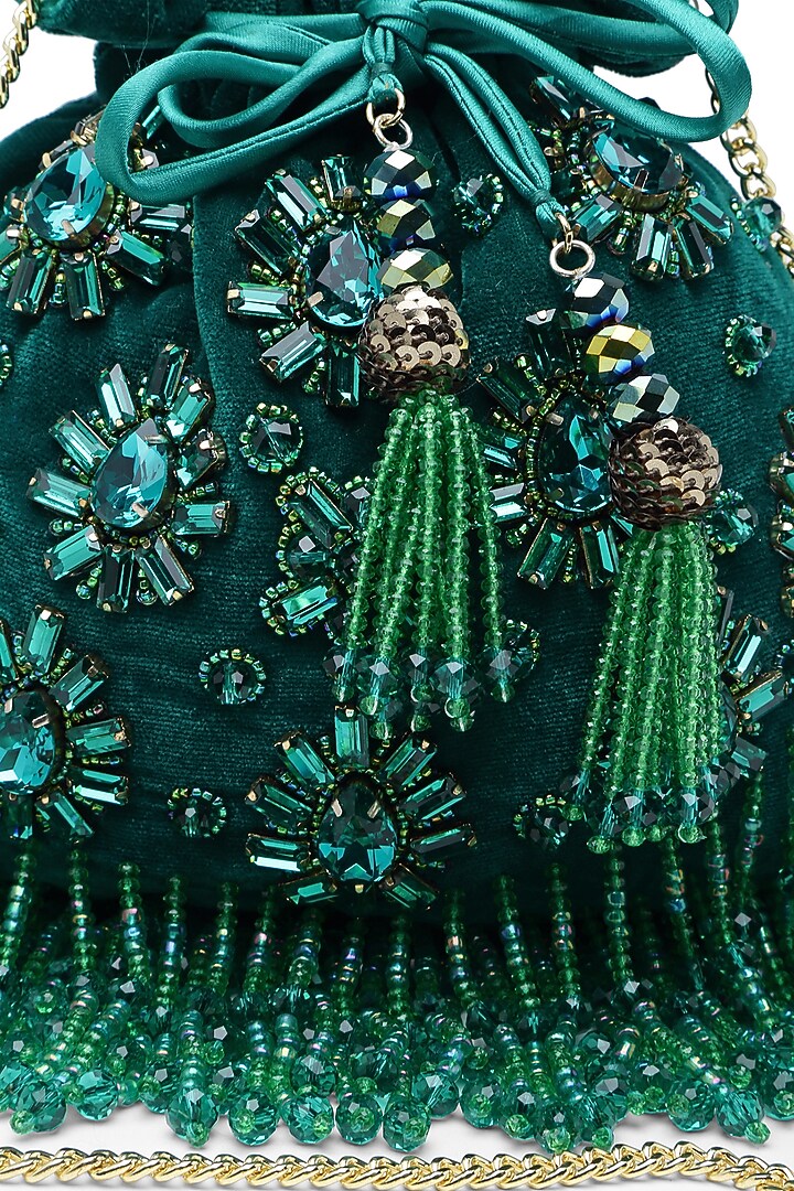 Deep Sea Green Velvet Crystal Embroidered Potli by Bijoux By Priya Chandna at Pernia's Pop Up Shop