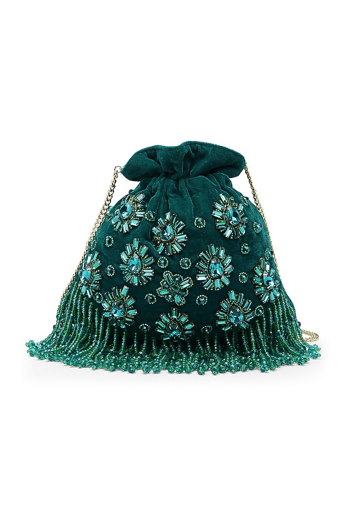 Deep Sea Green Velvet Crystal Embroidered Potli by Bijoux By Priya Chandna at Pernia's Pop Up Shop