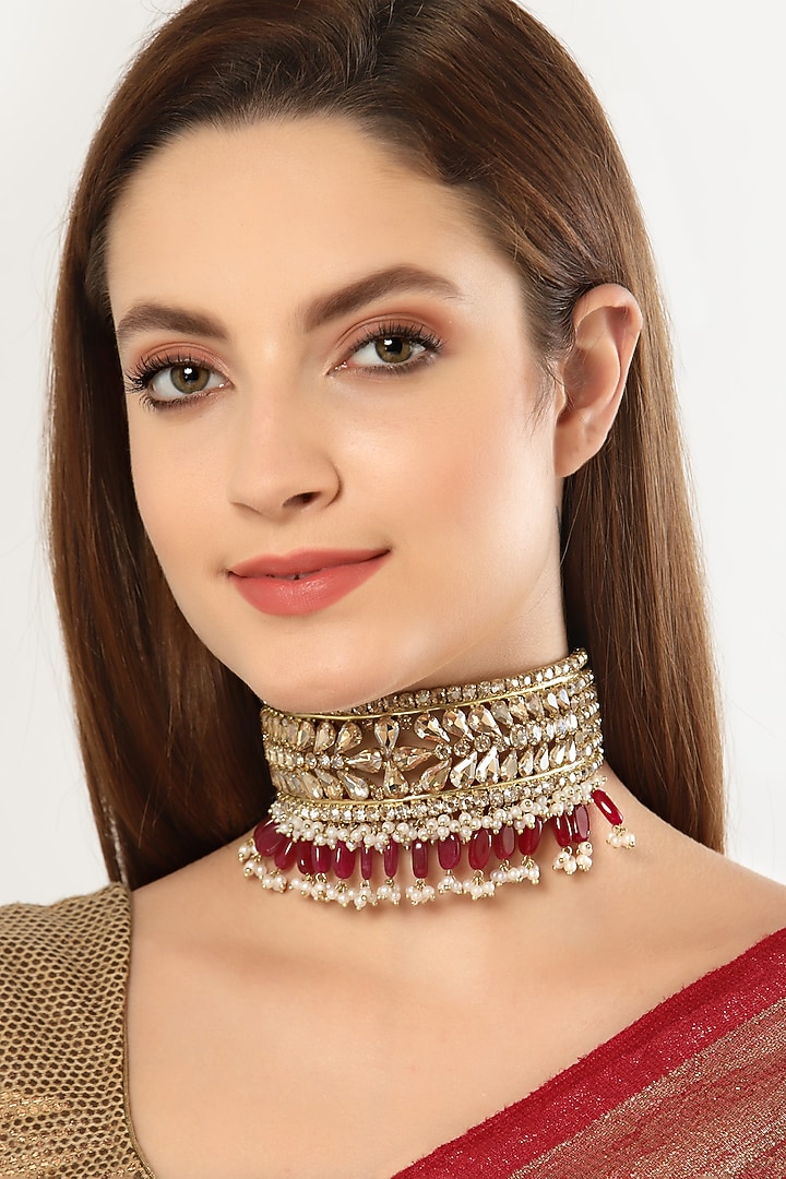 Gold Finish Red Semi-Precious Stone & Crystal Choker Necklace by Bijoux By Priya Chandna at Pernia's Pop Up Shop