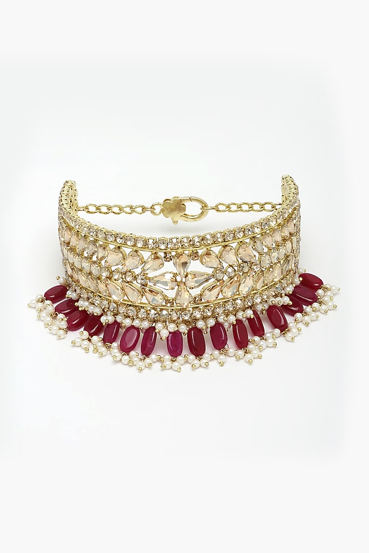 Gold Finish Red Semi-Precious Stone & Crystal Choker Necklace by Bijoux By Priya Chandna at Pernia's Pop Up Shop