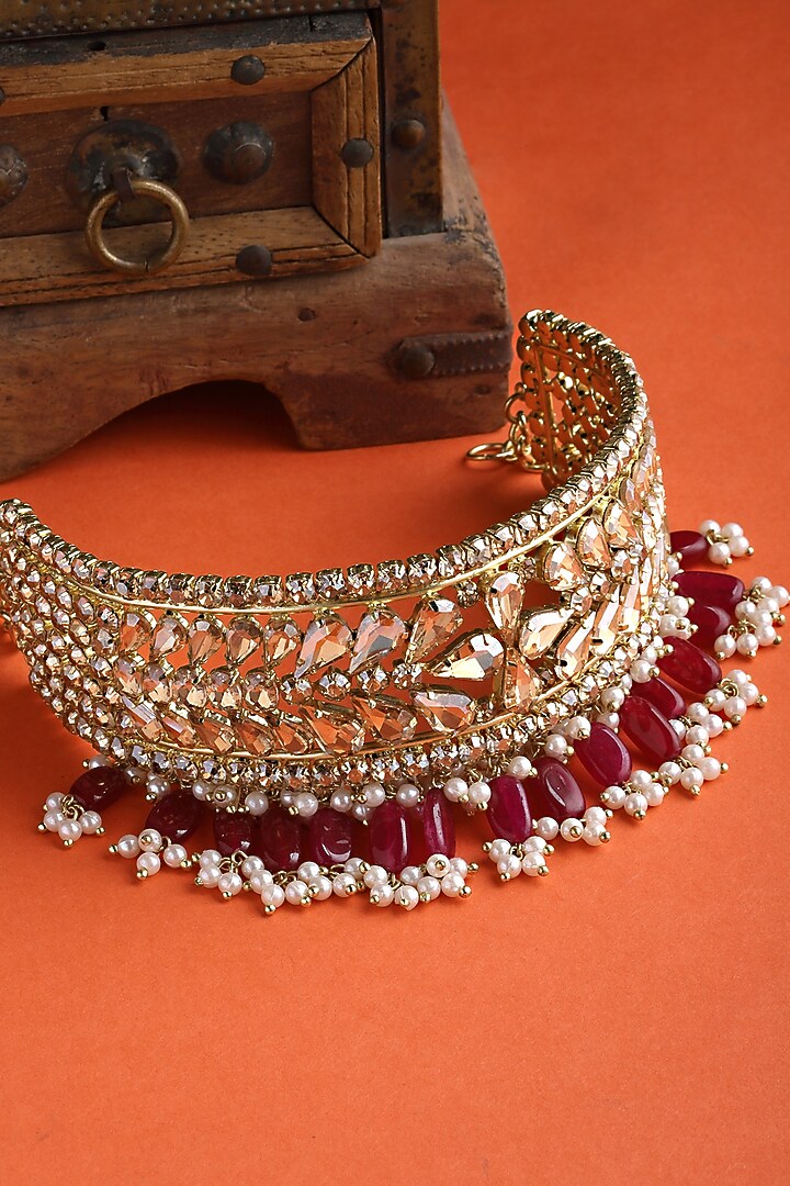 Gold Finish Red Semi-Precious Stone & Crystal Choker Necklace by Bijoux By Priya Chandna at Pernia's Pop Up Shop