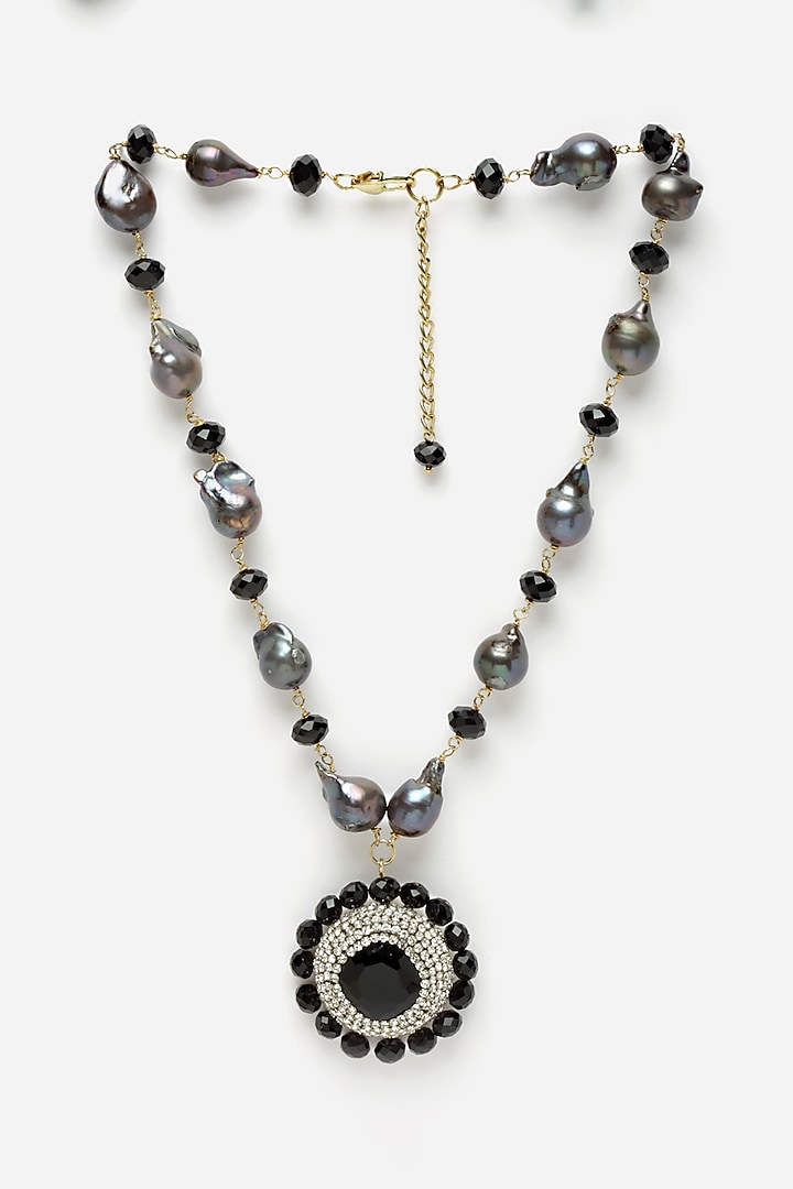 Gold & White Crystal & Baroque Pearl Pendant Necklace by Bijoux By Priya Chandna at Pernia's Pop Up Shop