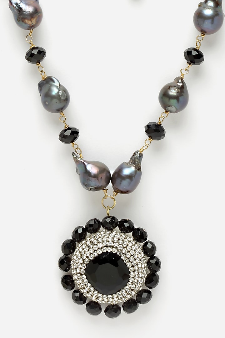 Gold & White Crystal & Baroque Pearl Pendant Necklace by Bijoux By Priya Chandna at Pernia's Pop Up Shop