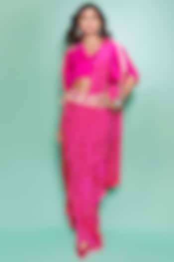 Fuchsia Silk Draped Saree Set by Pink City By Sarika