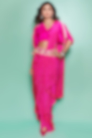 Fuchsia Silk Draped Saree Set by Pink City By Sarika