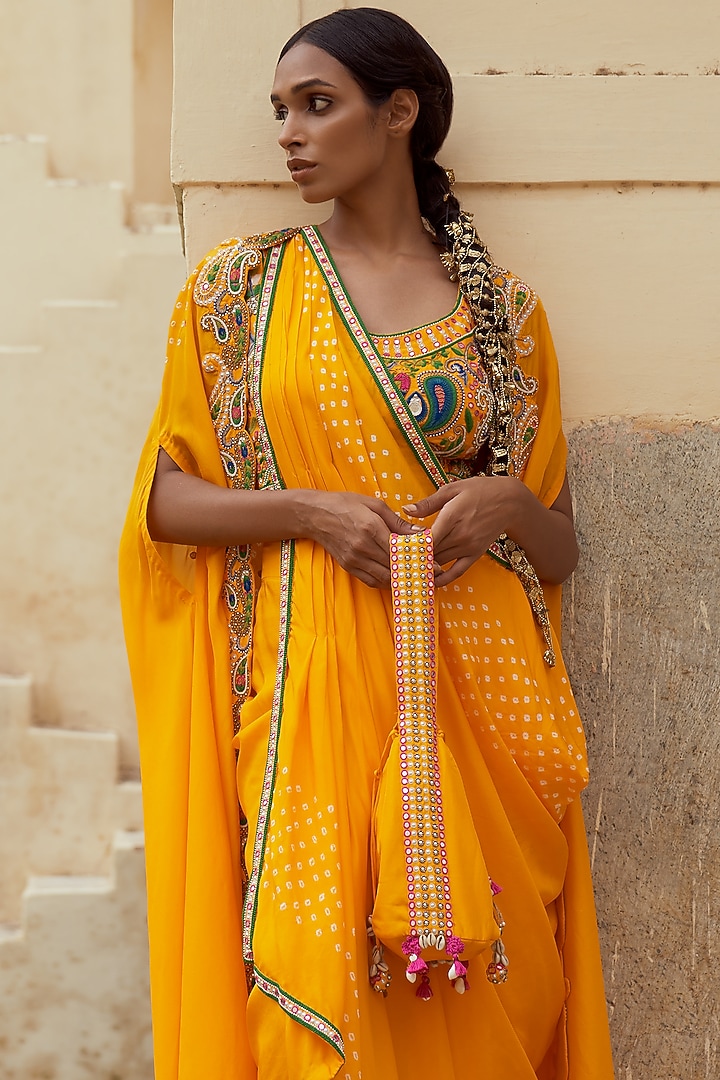 Yellow Silk Bandhej Cape Set by Pink City By Sarika at Pernia's Pop Up Shop