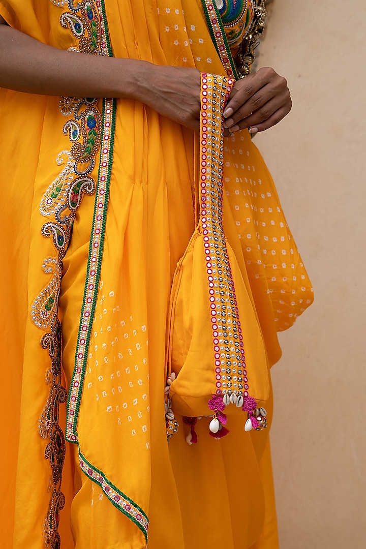 Yellow Silk Bandhej Cape Set by Pink City By Sarika at Pernia's Pop Up Shop