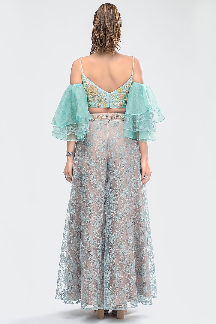 Sky Blue Embroidered Crop Top WIth Flared Pants by Priya Chhabria at Pernia's Pop Up Shop