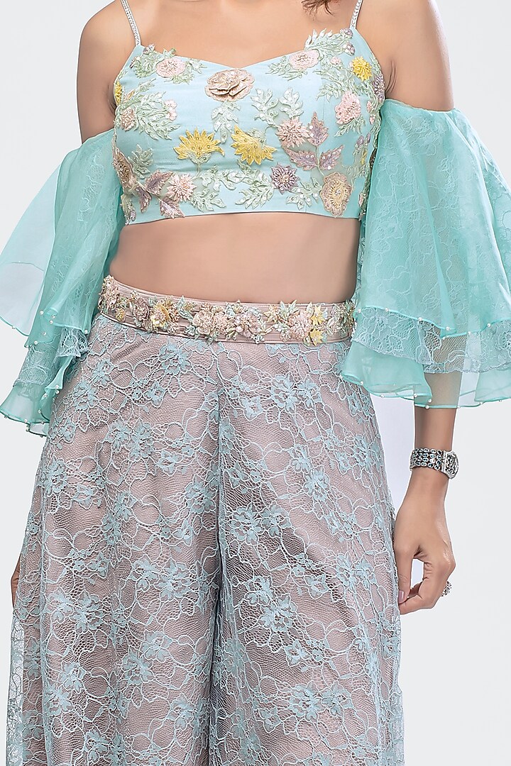 Sky Blue Embroidered Crop Top WIth Flared Pants by Priya Chhabria at Pernia's Pop Up Shop