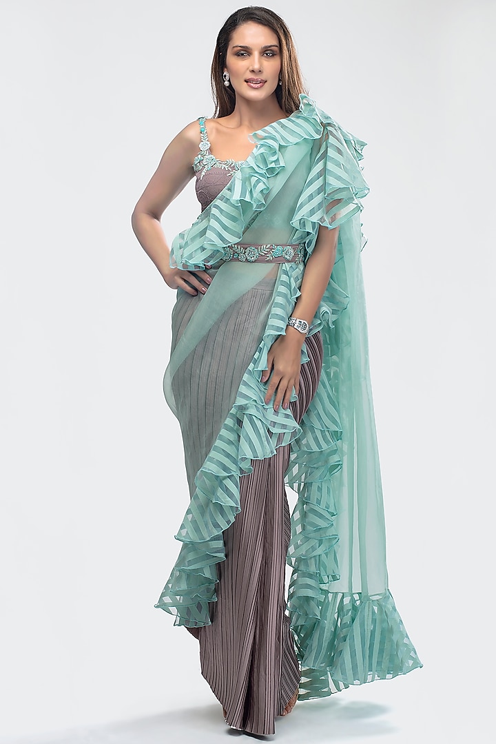 Sky Blue Embroidered Pre-Stitched Saree Set With Belt by Priya Chhabria
