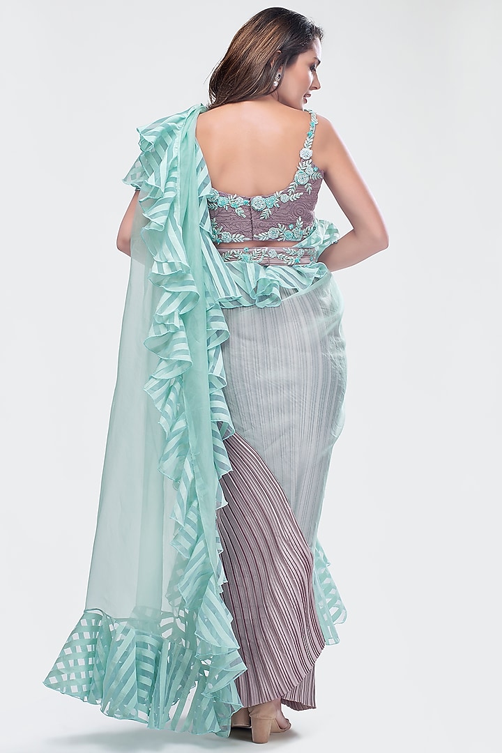 Sky Blue Embroidered Pre-Stitched Wedding Saree Set With Belt by Priya Chhabria at Pernia's Pop Up Shop