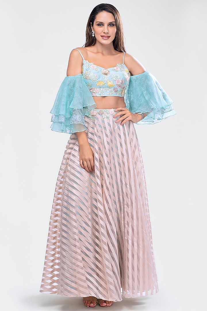 Beige Embroidered Crop Top With Skirt by Priya Chhabria