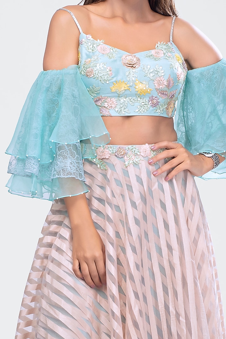 Beige Embroidered Crop Top With Skirt by Priya Chhabria at Pernia's Pop Up Shop