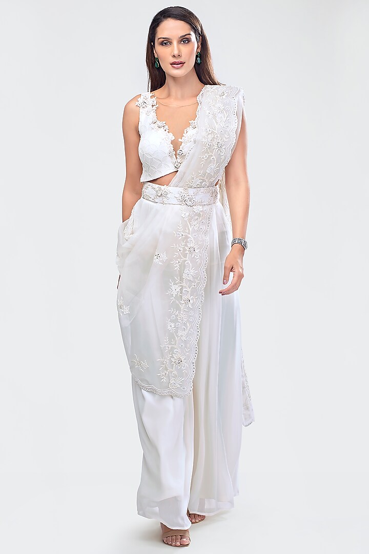 White Embroidered Crop Top With Pants, Dupatta & Belt by Priya Chhabria