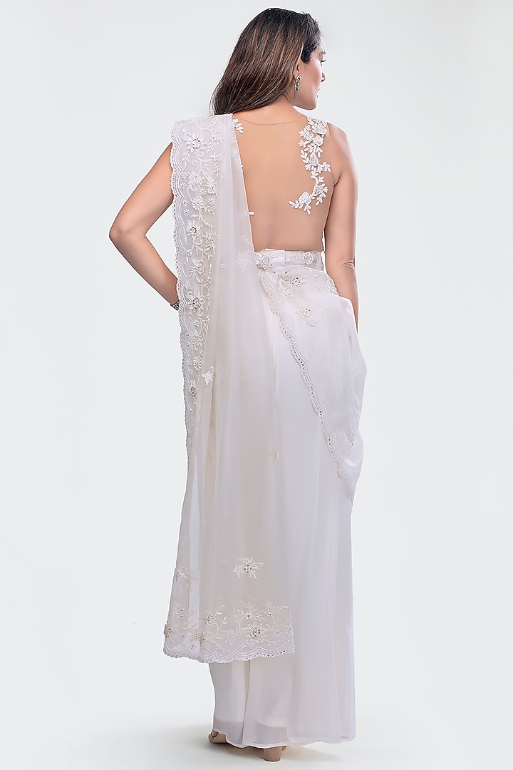 White Embroidered Crop Top With Pants, Dupatta & Belt by Priya Chhabria at Pernia's Pop Up Shop