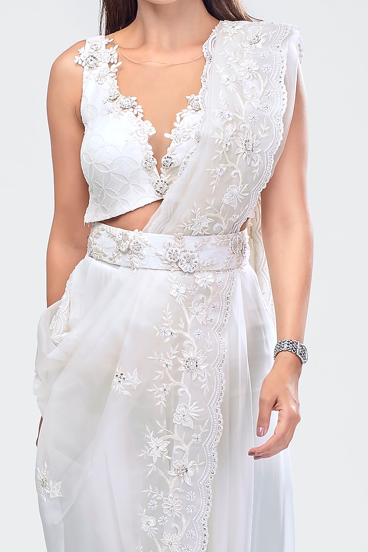 White Embroidered Crop Top With Pants, Dupatta & Belt by Priya Chhabria at Pernia's Pop Up Shop