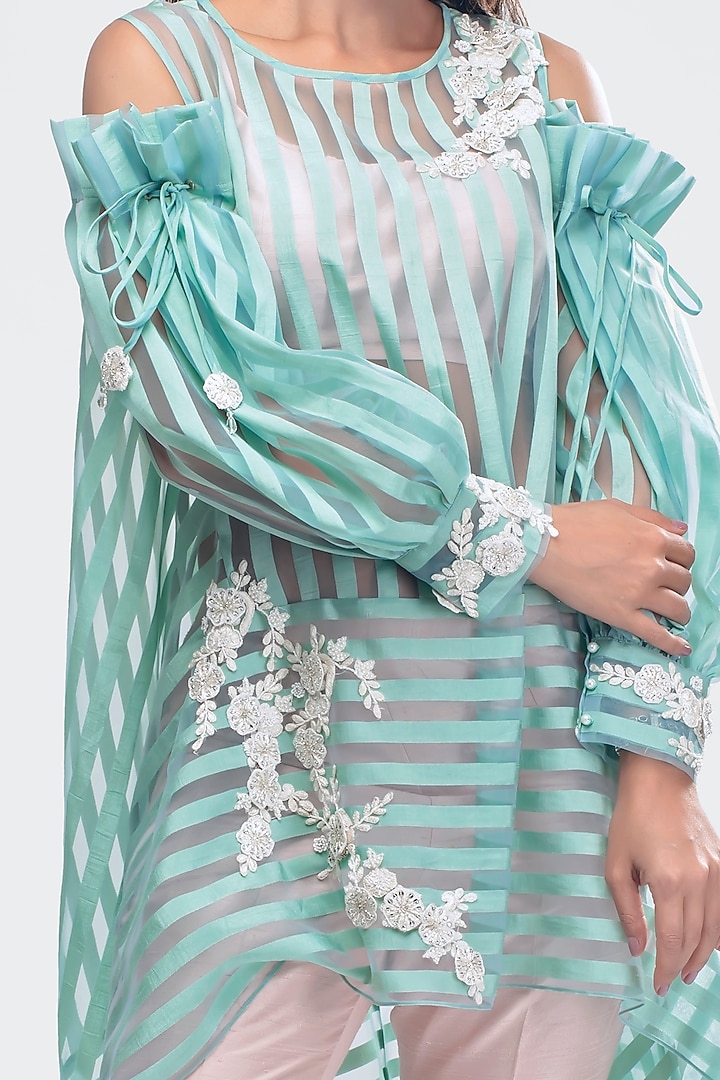 Sky Blue Embroidered Tunic With Crop Top & Pants by Priya Chhabria at Pernia's Pop Up Shop
