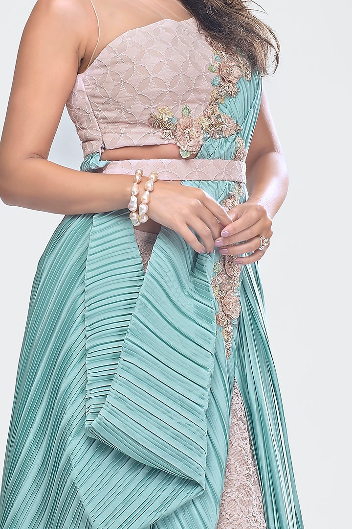 Blush Pink Embroidered Blouse With Dupatta, Skirt & Belt by Priya Chhabria at Pernia's Pop Up Shop