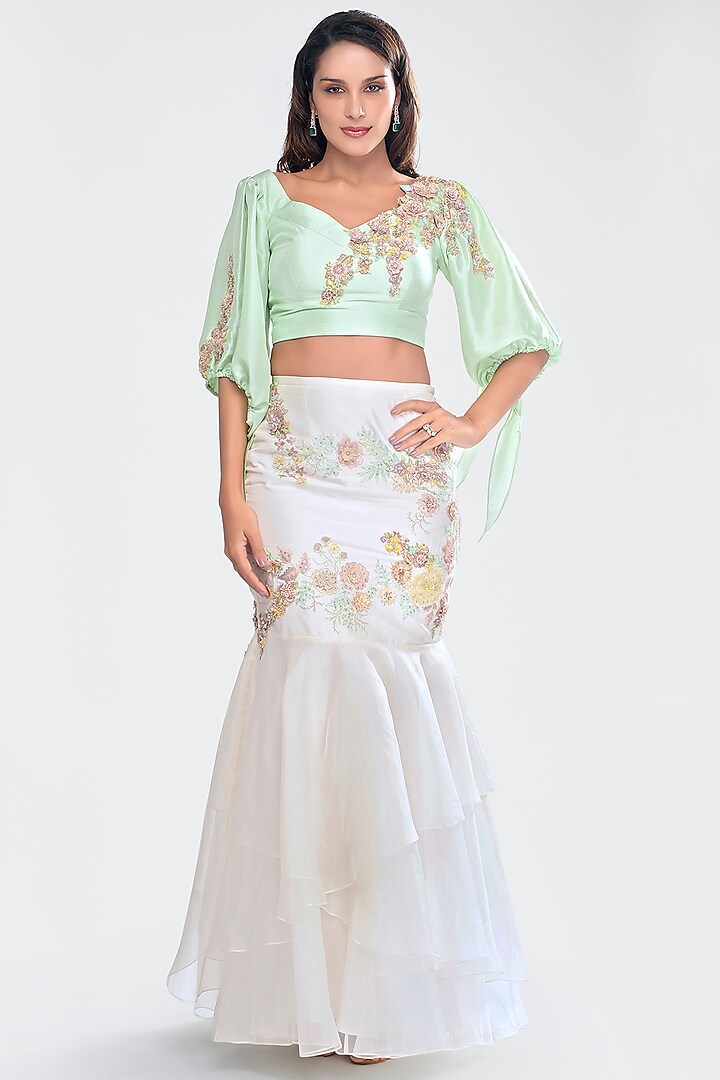 Mint Green & Ivory Embroidered Skirt Set by Priya Chhabria