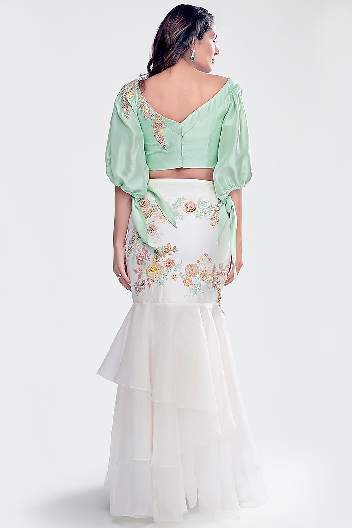 Mint Green & Ivory Embroidered Skirt Set by Priya Chhabria at Pernia's Pop Up Shop