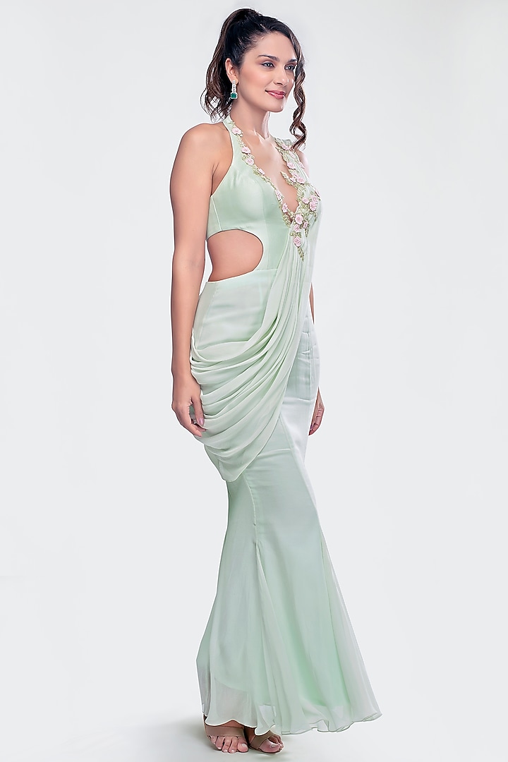 Mint Green Embroidered Saree Gown by Priya Chhabria