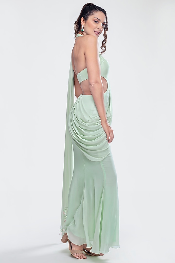 Mint Green Embroidered Wedding Saree Gown by Priya Chhabria at Pernia's Pop Up Shop
