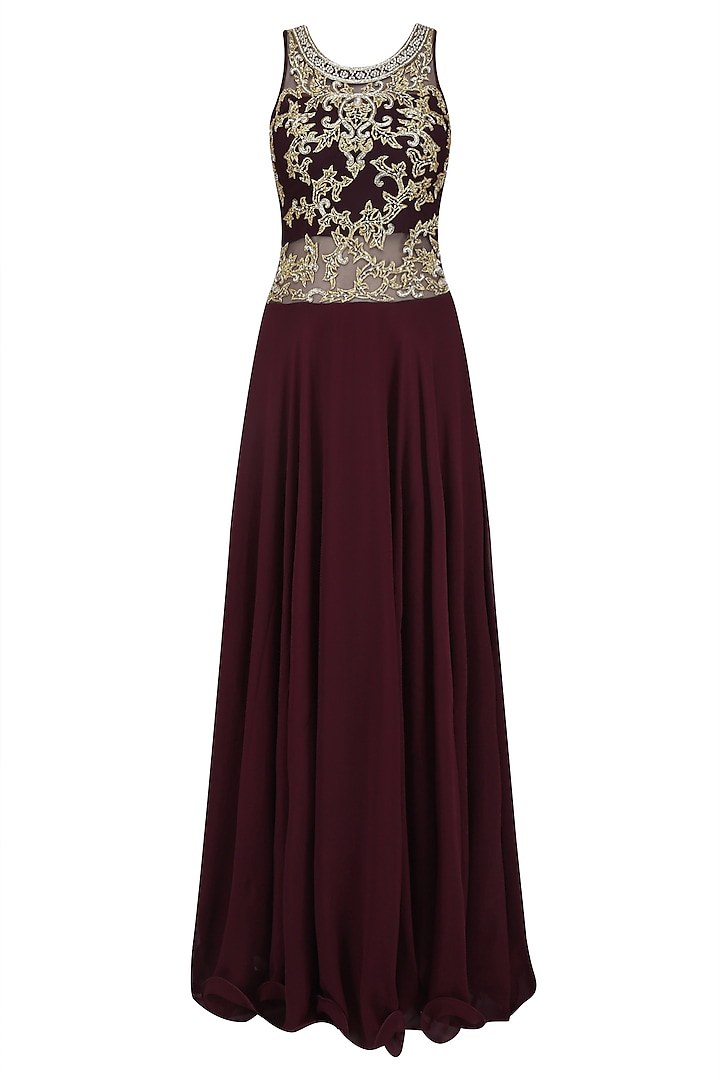 Plum and Gold Embroidered Evening Gown by Priya Chhabria