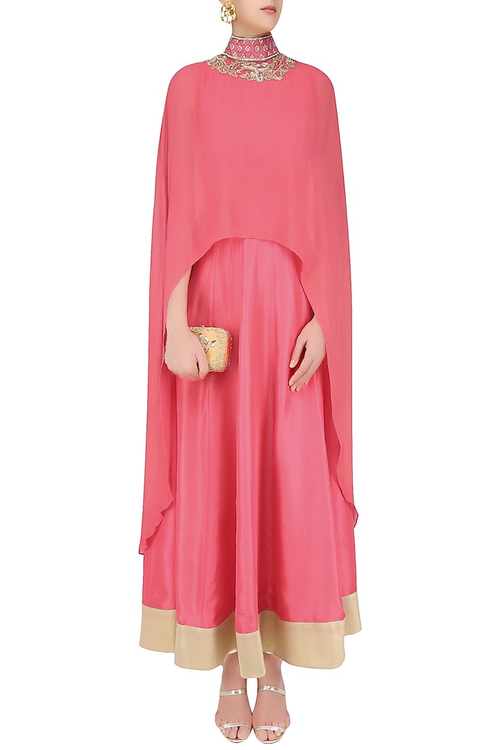 Pink anarkali and floral embroidered cape set available only at Pernia's Pop Up Shop.