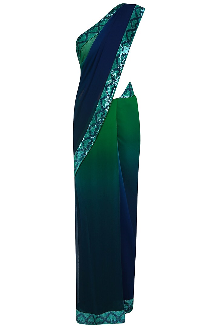 Emerald Green, Navy and Teal Blue Sequins Embellished Shaded Saree with Blouse Piece by Priya Chhabria