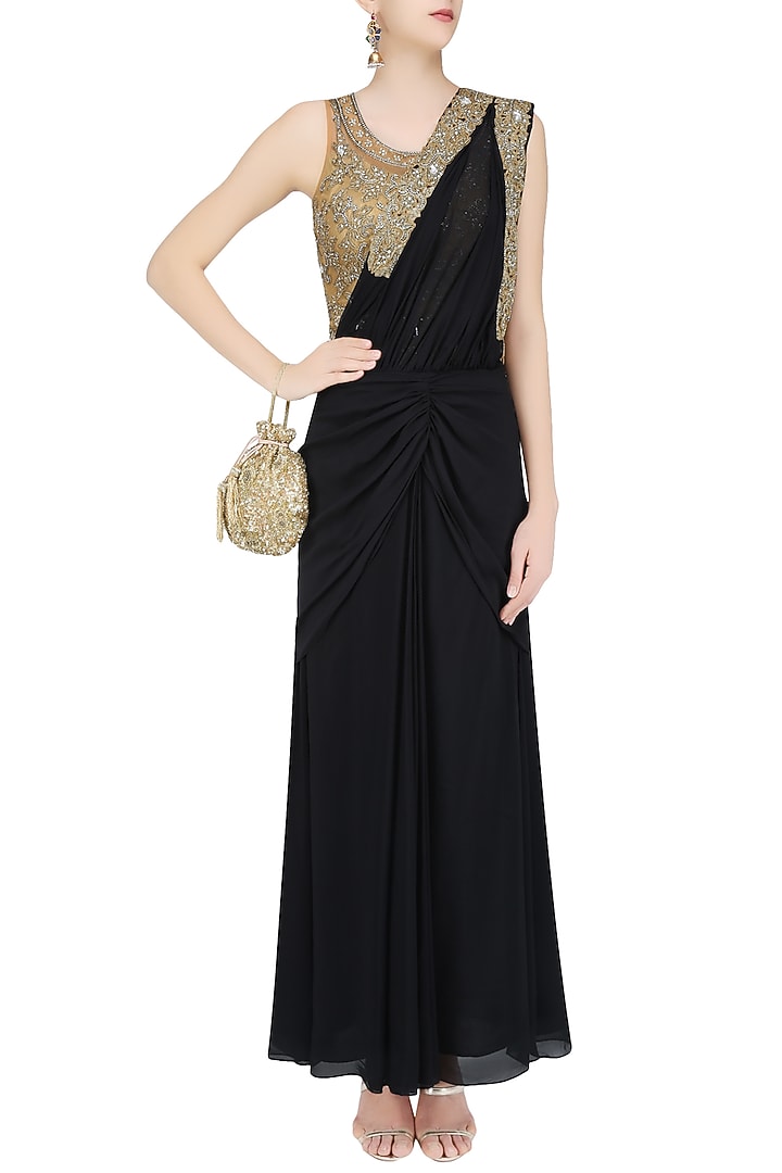 Black and gold cutdana and crystal embroidered saree with blouse available only at Pernia's Pop Up Shop.
