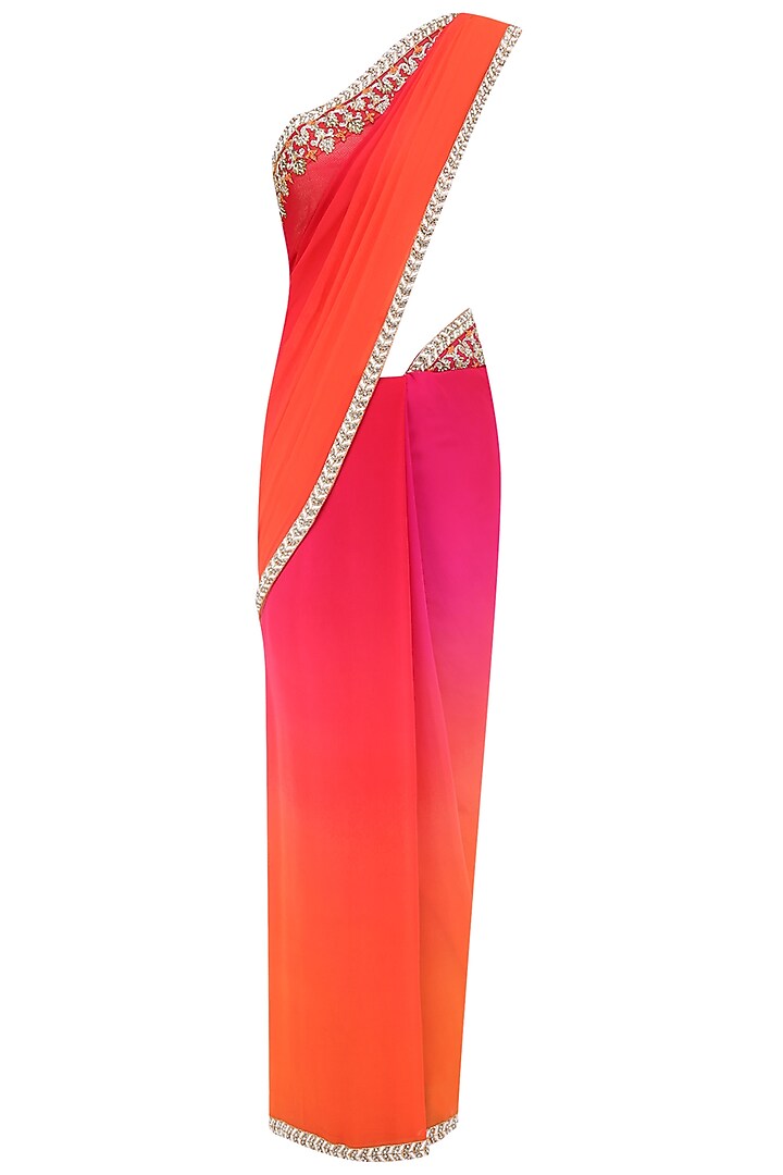Orange and pink shaded embroidred motifs saree available only at Pernia's Pop Up Shop.